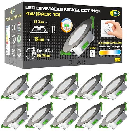 CLAR - Downlight LED techo empotrable, Ojos de buey LED para techo, Focos para el techo, Downlight Regulable 4W, 3 tonalidades, Niquel (Pack 10)