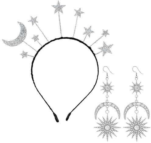 MUNSKT Karneval Faschingsfeier Haarreif Silber Sterne Mond Stirnband Ohrstecker Karneval Fasching Halloween Geburtstag Party Kostüm Geburtstagsfeier Haarband Für Halloween Cosplay Maskerade Geburtstag