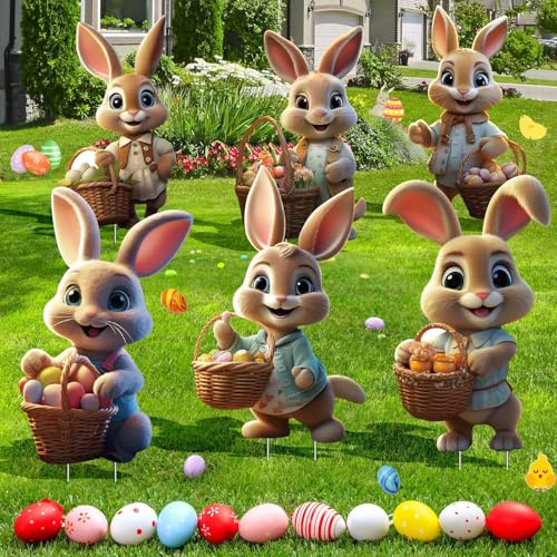 6 Stück Osterhasen Gartenstecker, 2D Ostern Werbeschilder, groß Osterdeko Outdoor, Ostern Hof Schild Dekora für Gartendeko, Bunny Gartenschild für Ostereiersuche Partei, frühlingsdeko draußen