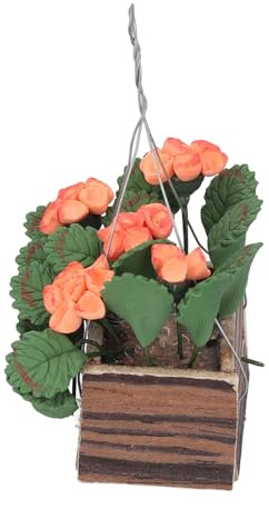 Omquot Dollhouse Hanging Flower Basket, Wood Miniature Hanging Flower Basket Resin 1:12 Scale High Simulation Elegant for Balconies