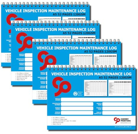 Cherry Printers Vehicle Inspection Maintenance Log Book | A5 Daily Vehicle Check & Fleet Service Record | 52 Week Inspection & Maintenance Log | Wiro Bound | 120gsm | 4 Pack