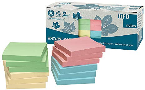 100% Recycling Haftnotizen, pastellmix, 75 x 75mm, zertifiziert mit dem Blauen Engel, 100 Blatt pro Block, 12 Blöcke in Recycling Box verpackt