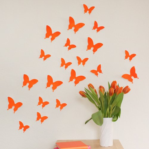 WANDKINGS Schmetterlinge im 3D-Style in NEON ORANGE zur Wanddekoration, 12 STÜCK im Set mit Klebepunkten zur Fixierung