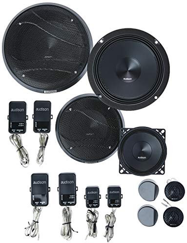 Audison APK 163 – Sistema di altoparlanti a tre vie con tweeter da 26 mm, woofer da 165 mm e midrange da 100 mm, con crossover e griglie incluse​, 375W