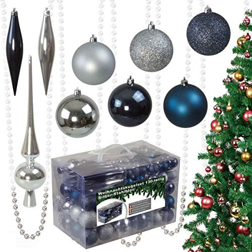 bonsport 130-teiliges Weihnachtskugeln Set aus Kunststoff - Christbaumschmuck Baumschmuck in Glänzend Glitzernd Matt, Silber/stahlblau