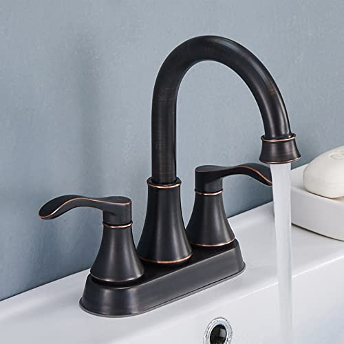 VALISY Lead-Free Antique 2 Handle Oil Rubbed Bronze Bathroom Sink Faucet, 360° Swivel High-Arc Spout 4-Inch Centerset Lavatory Vanity Faucets Set with Drain & Water Hoses, VABM10003H
