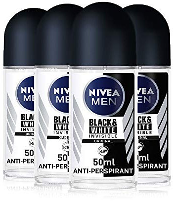 NIVEA MEN Black & White Invisible Original Roll-On Antiperspirant for Men - 48h Protection, 0% Alcohol, Pack of 4 (4 x 50ml)