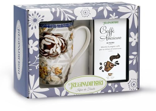 Regina di Fiori - Vetrina Mug Winter Day. Idea Regalo. Tazza in Porcellana Decorata e Infuso Caffè Americano in Astuccio da 15 Filtri
