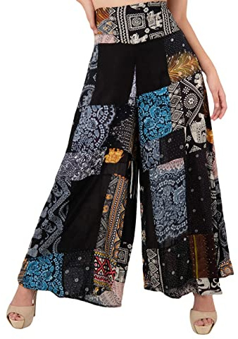 Lofbaz Pantalones Palazzo de Pierna Ancha con retales para Mujer Pantalones Holgados para salón de Yoga Hippie Harem para jóvenes Patchwork Negro 3XL