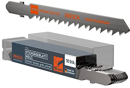 Presch Stichsägeblätter Holz 10 Stk. - Extrem schneller, gerader Schnitt (5-50mm) - Profi Stichsägeblatt Set - T-Schaft für jede Stichsäge - Sägeblätter für Küchenarbeitsplatten, OSB, uvm.