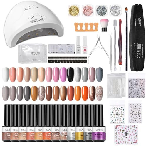 ROSALIND Kit Vernis Semi Permanent 48W UV/LED Lampe, 28x Mini Ongle Gel UV Complet Capsule Debutant contient Matte Gel Top Base Coat Set Manucure Bricolage Essentiels Décorations d'art Kit