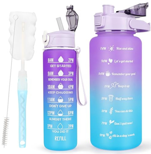 2 Pack Water Bottles BPA Free 2L+750ml, Sport Water Bottle with Time Marking & Straw,2 Liters Gym Drinks Bottle with Brush, Large Motivational Water Jug for Aduluts Women, Time Marker Canteen Bottle