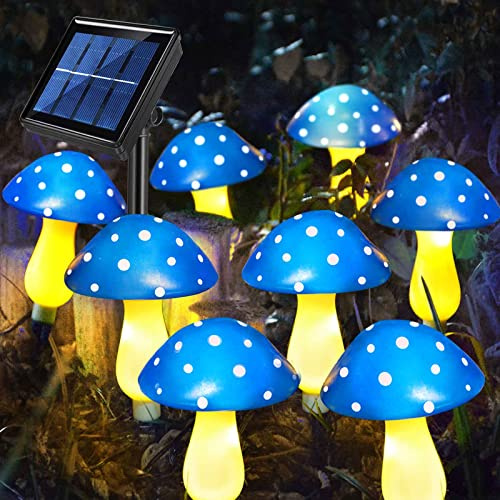Abkshine Set mit 8 blauen Solar-Gartenlichtern, solarbetriebene Pilzpfahl Lichter für Außendekoration, wasserdichte Gartenornamente für Hinterhof, Rasen, Weg, Landschaft, Halloween, Hofdekoration