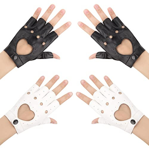 Newellsail 2 Paar Fingerlose PU-Leder Handschuhe Damen Punk Herz-Ausschnitt Halbfinger für Fahren, Radfahren, Tanzen, Leistung, Cosplay, Einheitsgröße (Schwarz & Weiß)