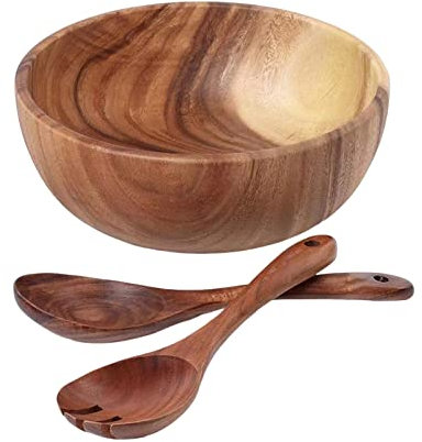 Katolang 3 st/set salladsskål, trä salladsskålar set, akacia trä serveringsskål för frukt, sallad, 20 cm salladsskål med sked gaffel brun