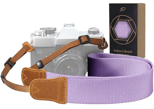 Padwa Lifestyle Light Purple Camera Strap -Double Layer Crazy Horse Cowhide End,1.5 Wide Pure Cotton Woven Camera Straps,Adjustable Neck Shoulder Strap for All DSLR Cameras,Gift for Photographers