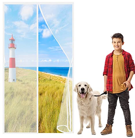 Double Door Magnetic Fly Screens for Doors, 60 x 240 cm Anti Mosquito Mesh Fly Curtain, with Powerful Magnets Heavy Duty Fly Screen Mesh Curtain for Back Door Pet Friendly, White