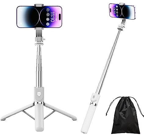 H.May Perche Selfie, 4 en 1 Perche Selfie Trépied Renforcé et Stable Tige Télescopique, 130cm Selfie Stick Trépied Monopode Réglable Compatible avec iPhone, Android, Gopro, Camera, Blanc