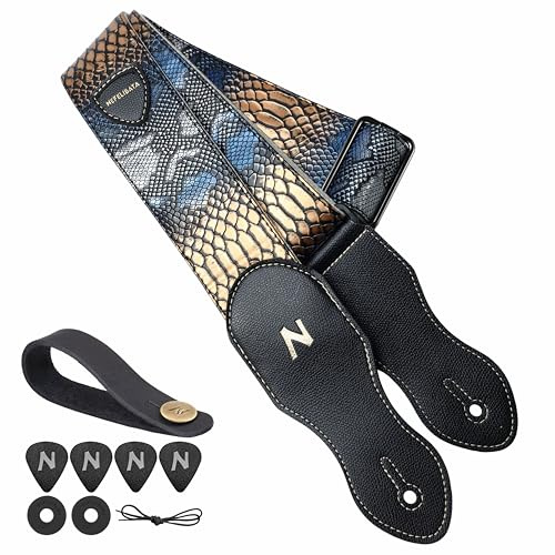 Nefelibata Gitarrengurt mit Plektrum Tasche, 2,3 Zoll Veganes Leder Schlangenhaut Muster Gitarrengurte mit Leder Enden, 60s Vintage Style