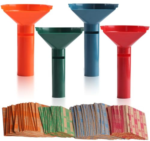 Münzsortierer und Münzhüllen für alle Münzen, 4 Münzsortierröhren und 100 Münzhüllen, trichterförmiges Münzröhren-Set mit Münzrollen-Wrappers für Viertel, Nickel, Pennies, Dimes, farbcodiert
