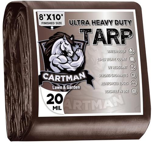 CARTMAN Finished Size 8x10 Feet Extra Thick 20 Mil Brown Ultra Heavy Duty Poly Tarp, Multipurpose Protective Cover, UV Resistant, Waterproof Poly Tarpaulin with Reinforced Edges