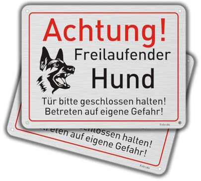 Felexdo Vorsicht Freilaufender Hund Schild 20x15cm Schilder Warnung vor Dem Hund aus Gebürstetes Aluminium mit Selbstklebend für Innen und Außen