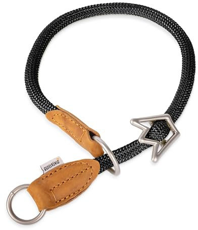 Rudelkönig Retriever Halsband mit Zugstopp - Leder & Nylon, 12mm | Zugstopphalsband für mittelgroße Hunde – rundes Tau, cognacfarbene Lederelemente, silberner Stopper