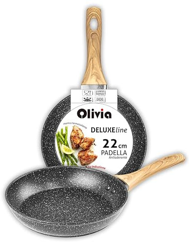 IPEA Padella Antiaderente per Induzione e Fornello a Gas - 22 x 22 cm - Padella Anti Aderente in Alluminio con manico in Legno per Carne, Bistecche, Hamburger, Pesce - Padelle da Cucina