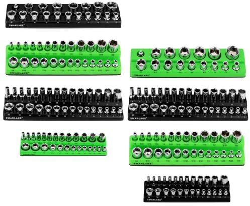 Magnetic Socket Organizer Holder Tool: 8PCS Set includes 2PCS 1/4, 4PCS 3/8, 2PCS 1/2 Drive Socket Storage Trays Toolboxs, Holding 199 Slots Soft Rubber Covering Black Green (sockets not included)