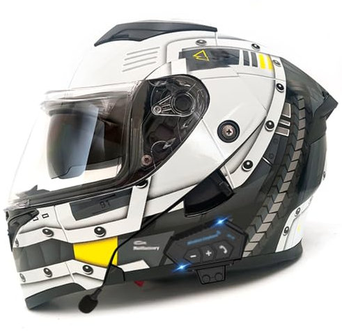 RYDZCLH Motorcycle Full Face Helmet Motorcycle Helmets with Built in Bluetooth DOT Approved Built-In Dual Speaker with Double Visor Modular Motorcycle Helmet,Black white,XL 61~62cm