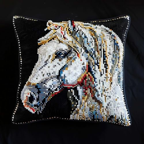 RKFLGEW Knüpfset Pferd Tierkissen Stickset Tierportraits Diy Knüpfset Kissen Anfänger Erwachsene Teenager Geschenk Stickerei Wohndekoration Knüpfset 43x43cm