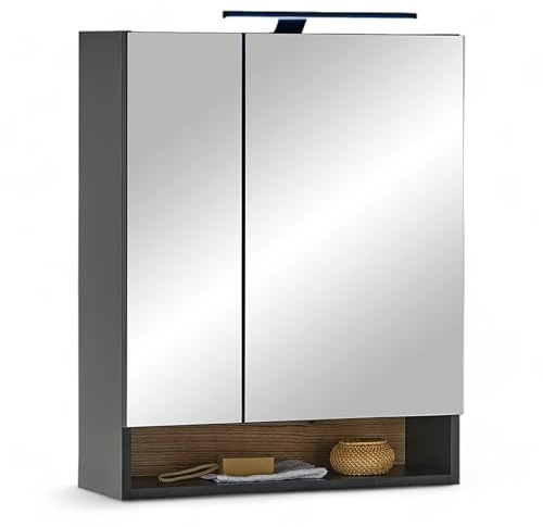 DENVER Spiegelschrank Spiegel mit LED-Beleuchtung Schwarz Evoke Eiche Optik | 60 x 75 x 22 cm (B/H/T), 2 Türen, 2 Einlegeböden, offenes Ablagefach, für Badezimmer, Badspiegel, mit viel Stauraum
