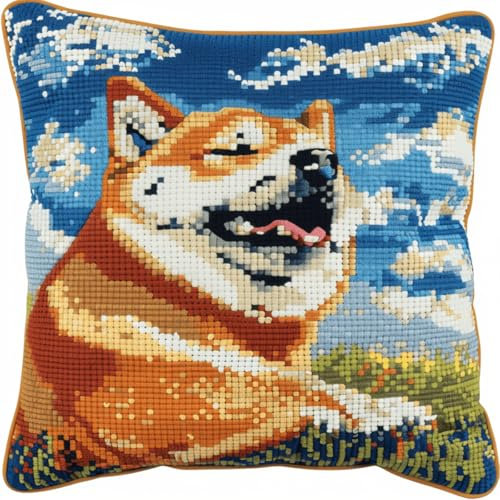 RKFLGEW DIY knüpfen set erwachsene Akita Hund Tier knüpfkissen set Süßer Welpe Kissenbezug zum Selbermachen für Anfänger und Erwachsene，Geschenke für Familie，Freunde，Handarbeiten，Basteln，Hake 43x43cm