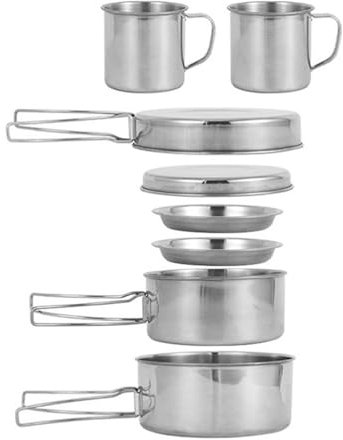 Edelstahl-Kochgeschirr-Set – 8-teiliges Camping-Kochgeschirr, Kochgeschirr, Outdoor-Campinggeschirr | Leichtes Camping-Topfset, tragbares Picknick-Kochset für Camping, Rucksackreisen, Wandern im Innen