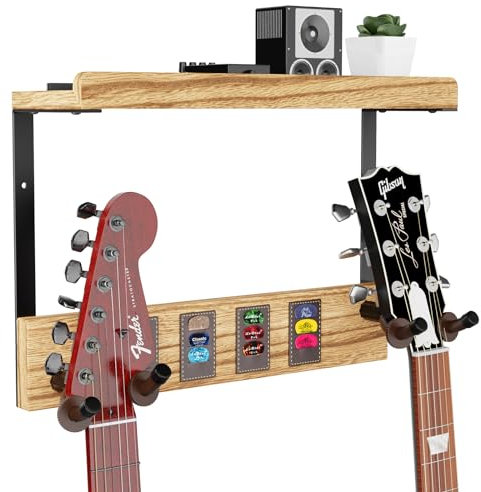 Emfogoo Gitarren Wandhalterung mit 2 Rotatierbar Gummihaken, Holz Gitarrenhalter für Die Wand mit Regal und Plektrum Halter, Gitarrenständer für Elektrische & Akustische Gitarre Bass Ukulele