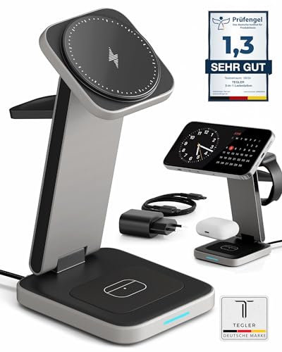 TEGLER Caricatore Wireless iPhone 20W – Stazione di Ricarica Apple 3 in 1 per iPhone, Apple Watch e AirPods – Base Ricarica Pieghevole in Alluminio, Caricatore Rapido MagSafe