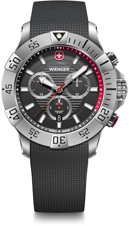 Wenger herrklocka sjökraft kronograf Ø 43 mm, tillverkad i Schweiz, analog kvarts, vattentålig upp till 200 m, silikonrem, svart/vit, Klassisk