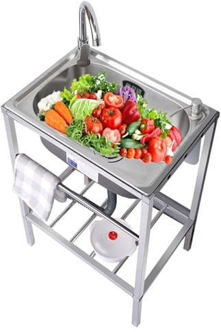 Outdoor Garden Small Sink Single Trough For Washing, Stainless Steel Utility Kitchen Hand Basin Station Sink Tub with Storage Shelve and Faucet, for Restaurant, Bar, Laundry, Garage, Backyard(21.2*15.