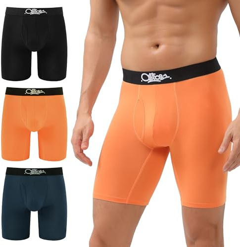 OEIOEI Boxershorts för män, långa, bambu, sport, kalsonger, 3-pack, Svart/marinblå/orange, L