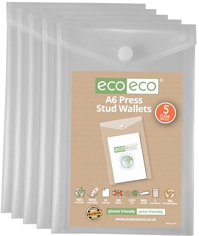 eco-eco eco159 Sichthülle mit Druckknopf, A6, 50% recycelt, transparent, Hochformat, Kunststoff, 180 x 120 mm, 5 Stück, 200 mic, eco159