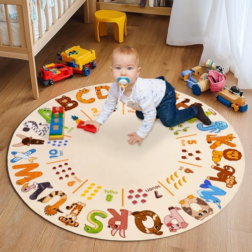 GthreeD Kids Play Rug Alphabet Animals - Round 120 cm Soft & Non-Slip Beige | Washable Crawling PlayMat for Children, Ideal for Exploration Game Perfect for Toddler Classroom Nursery Living Room Decor