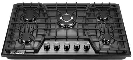 GELINCARE Gas Cooktop 30 Inch, 5 Burner Stove top, Built-in Propane/Natural Gas Convertible Hob, Stainless Steel Countertop Built-in with Thermocouple Protection, Black