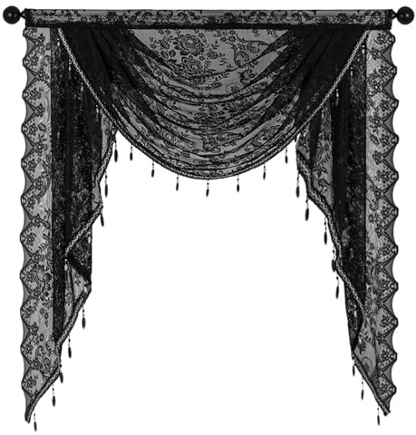 Cantonnière en dentelle noire élégante de 99 x 104 cm - Style vintage - Rideaux semi-transparents en dentelle gothique pour Halloween, chambre à coucher, salon
