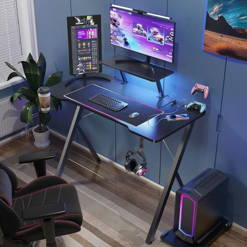 OXFENSEE Gaming-Schreibtisch, Gamer-Schreibtisch mit LED-Leuchten und Steckdose, Gaming-Tisch mit Becherhalter und Kopfhörerhaken, Carbonfaser Schwarz 100 cm
