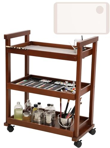DJAR Rolling Art Supplies Cart, Solid Beech Wood Art Supply Organizert with Caster Wheels, Utility Cart for Adults, Artists, (Walnut, Upgrade)