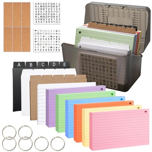 Annickee 320 Pezzi Flashcards Set, Nero Scatola per Indici, Include 240 A6 Colore Flash Cards, 50 Bianca a righe Cartoncini, 6 Anelli per Raccoglitori, 2 Adesivi, 15 Divisori, 6 Etichette per Scuola