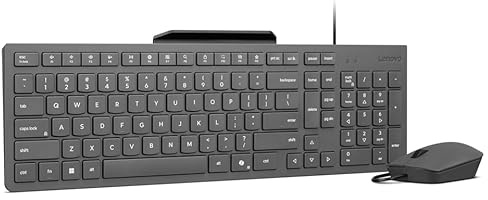 Lenovo 310 USB-A Combo Teclado y Ratón con Cable (Ratón Sensor Óptico Rojo, 2000 dpi, 3 Botones, Scroll, Teclado Resistente a Salpicaduras, Soporte para Móvil, USB-A) QWERTY Español - Gris