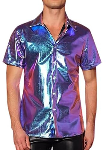Générique Chemise Paillette Homme Tenue Disco Habillées Costume Col Pelle a Tarte T-Shirt Annee 80 Brillante Tenue de Soiree Vetement Clubwear Nuit de Fête