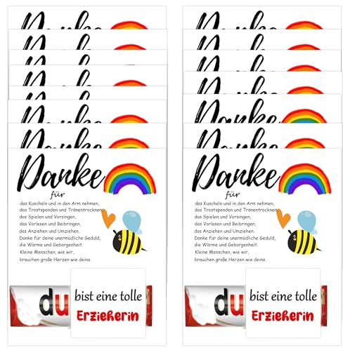 MKISHINE 20 Stück Dankeschön-Karten für Lehrerin/Lehrer, Geschenkkarten für duplo Schokoladenverpackung, Regenbogen-Design mit Biene, Abschiedsgeschenk (Tolle Erzieherin)