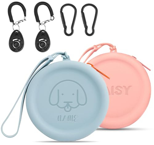 FIDWALL Personalisierbar Hundemotiv und Name,Silikon Leckerlitasche,12 Variationen,mit Trainer Klicker und Clip,kompakt,wasserdicht,Reisebeutel für Hunde und Katzen (Zwei Packungen)